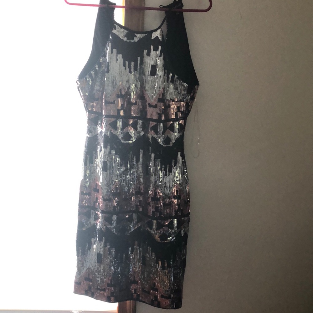 Black and pink sequin dress